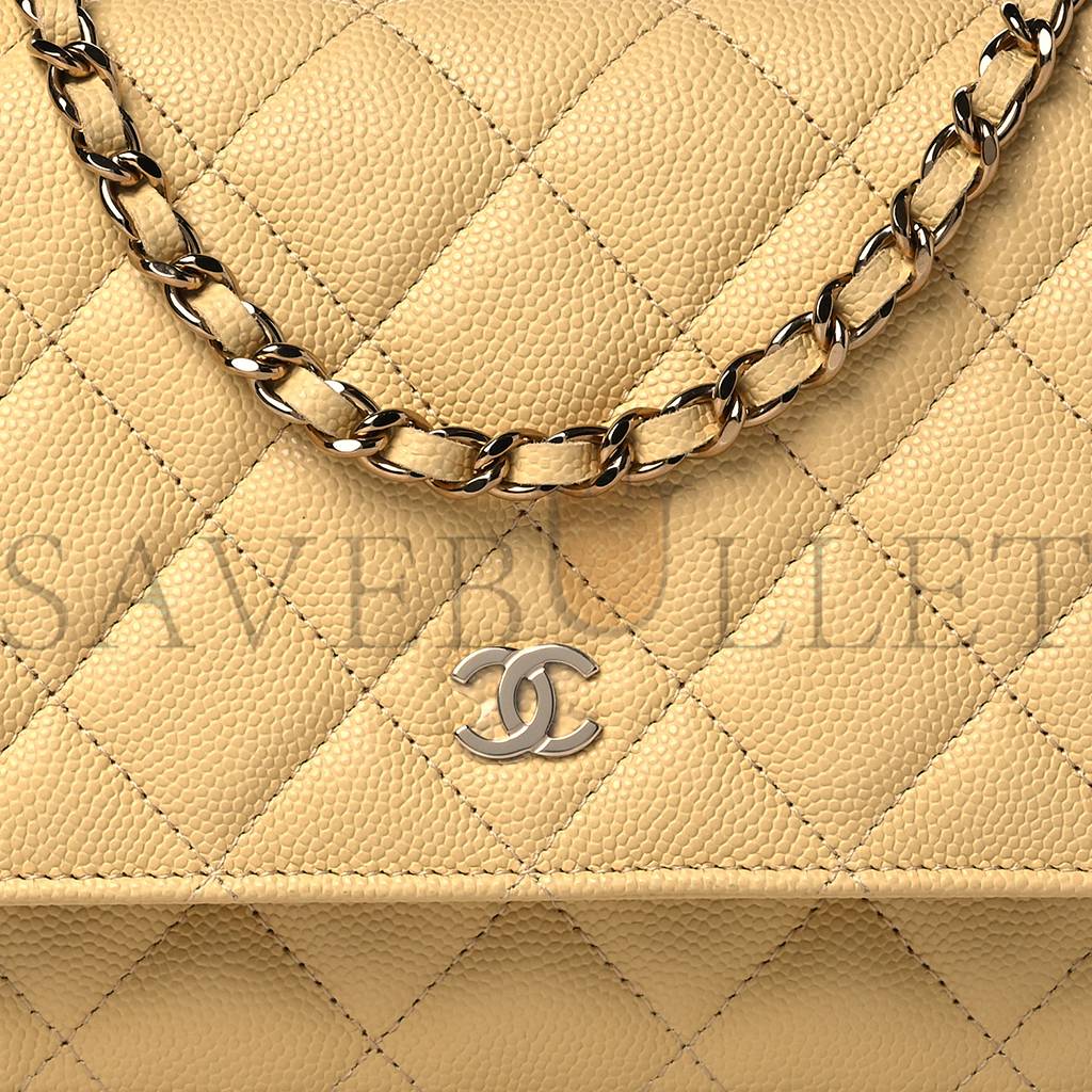 CHANEL CAVIAR QUILTED WALLET ON CHAIN WOC LIGHT YELLOW ROSE GOLD HARDWARE (19*12*3cm)