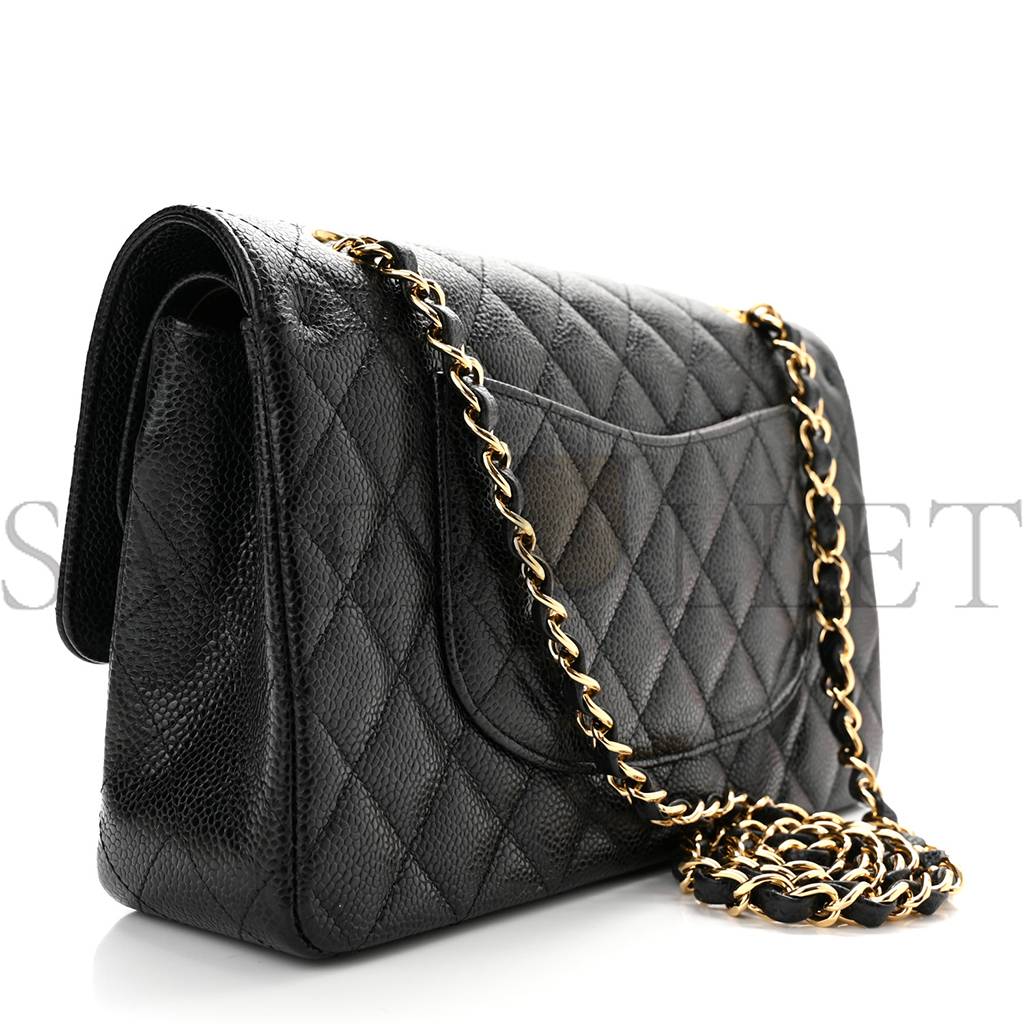 CHANEL CAVIAR QUILTED MEDIUM DOUBLE FLAP BLACK GOLD HARDWARE (25*15*6cm)