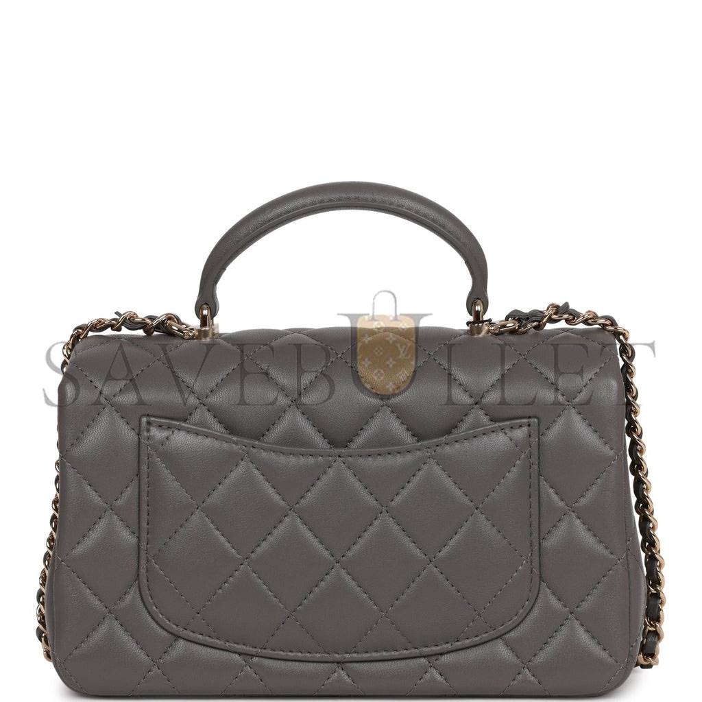 CHANEL MINI RECTANGULAR FLAP BAG WITH TOP HANDLE DARK GREY LAMBSKIN LIGHT GOLD HARDWARE (22*15*8cm)