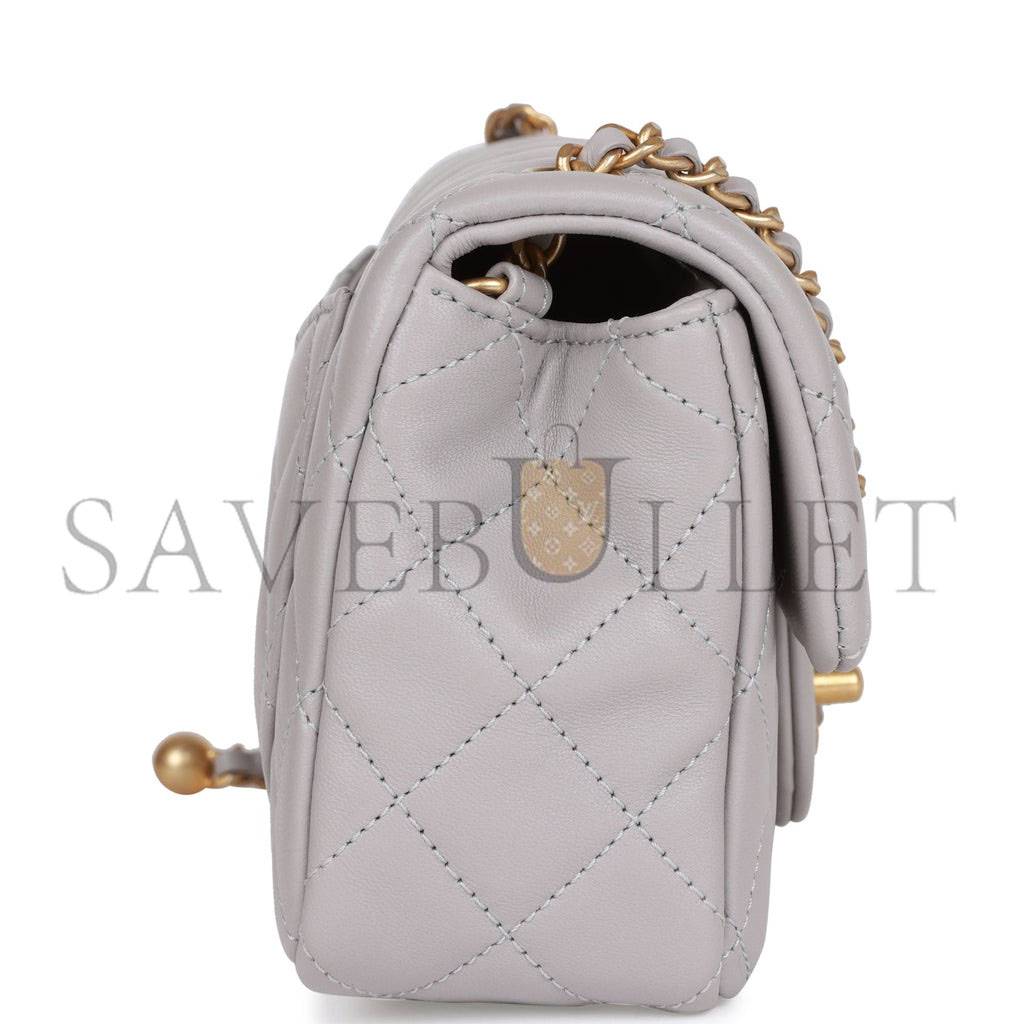 CHANEL PEARL CRUSH MINI RECTANGULAR FLAP BAG LIGHT GREY LAMBSKIN ANTIQUE GOLD HARDWARE (20*13*6cm)