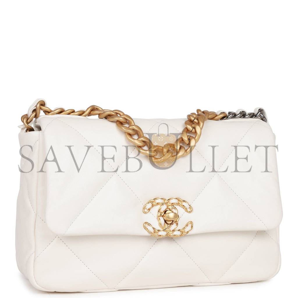 CHANEL MEDIUM 19 FLAP BAG WHITE CALFSKIN MIXED HARDWARE (25*16*9cm)