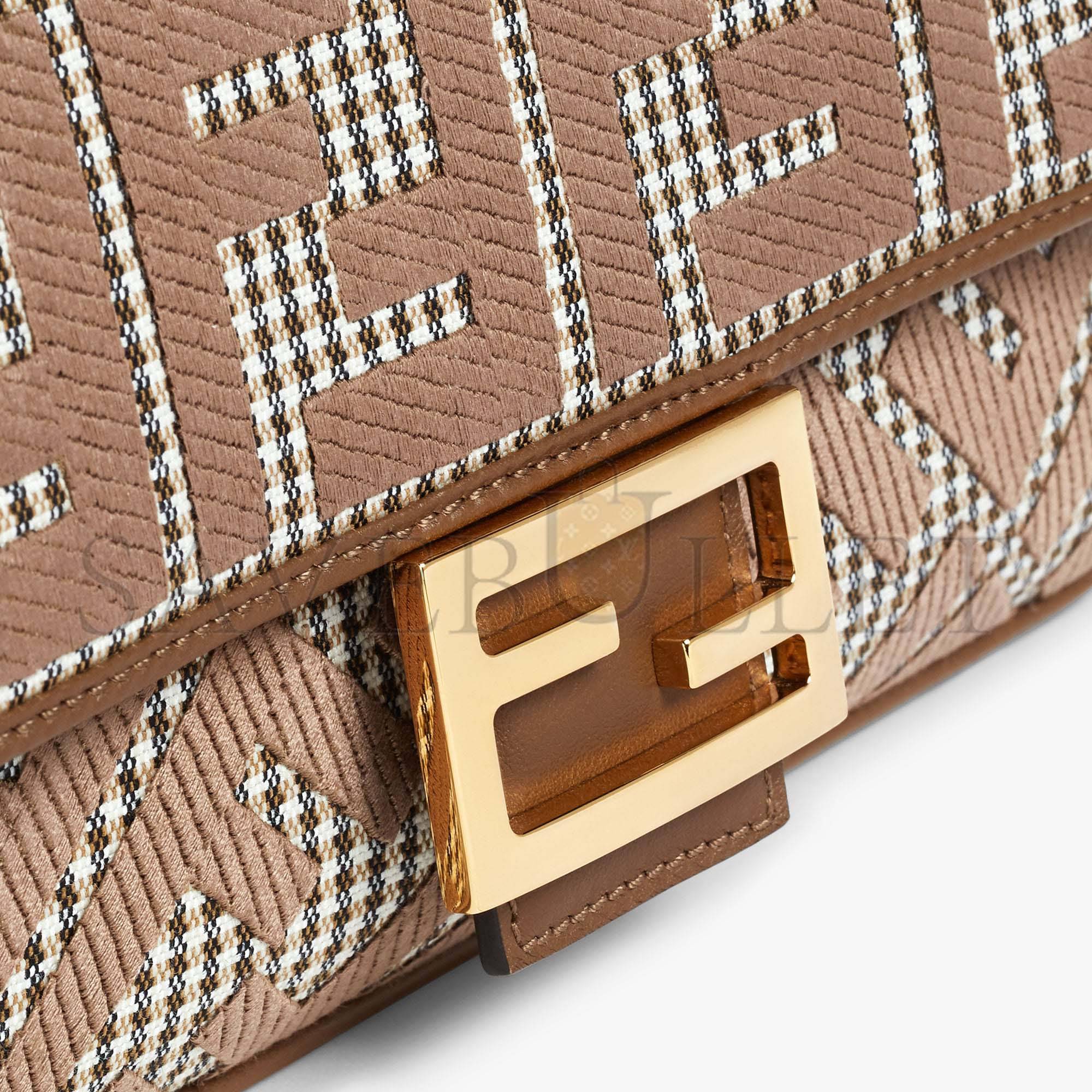 FENDI BAGUETTE - BROWN HOUNDSTOOTH WOOL BAG WITH FF EMBROIDERY 8BR600AKRZF1IRG (27*15*6cm)