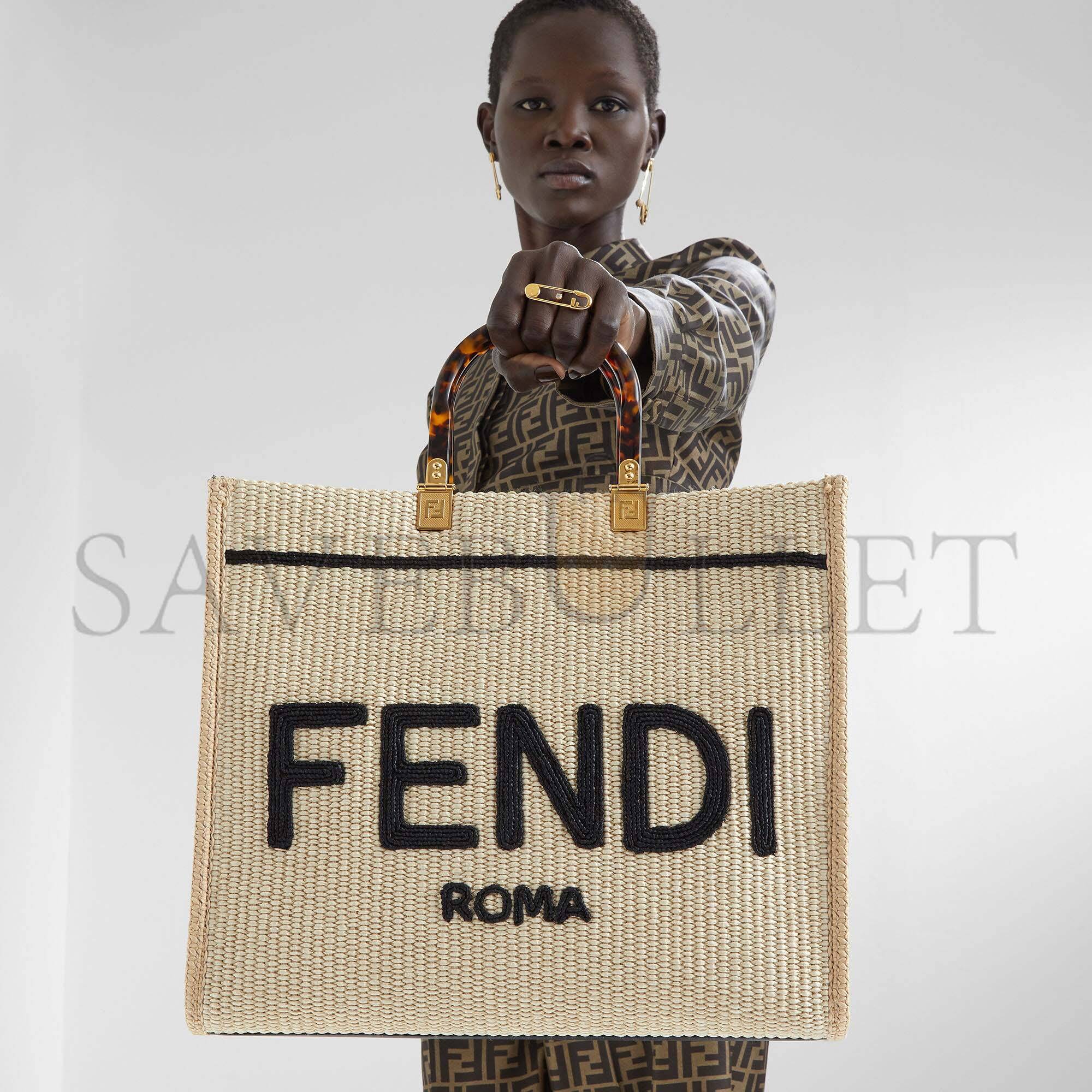 FENDI SUNSHINE MEDIUM - BEIGE AND BLACK STRAW SHOPPER 8BH386AKRPF1CBX (35*31*17cm)