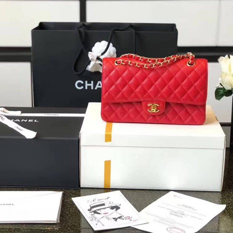 CHANEL CLASSIC FLAP SMALL RED CAVIAR LEATHER GOLD HARDWARE (23*14.5*6cm)