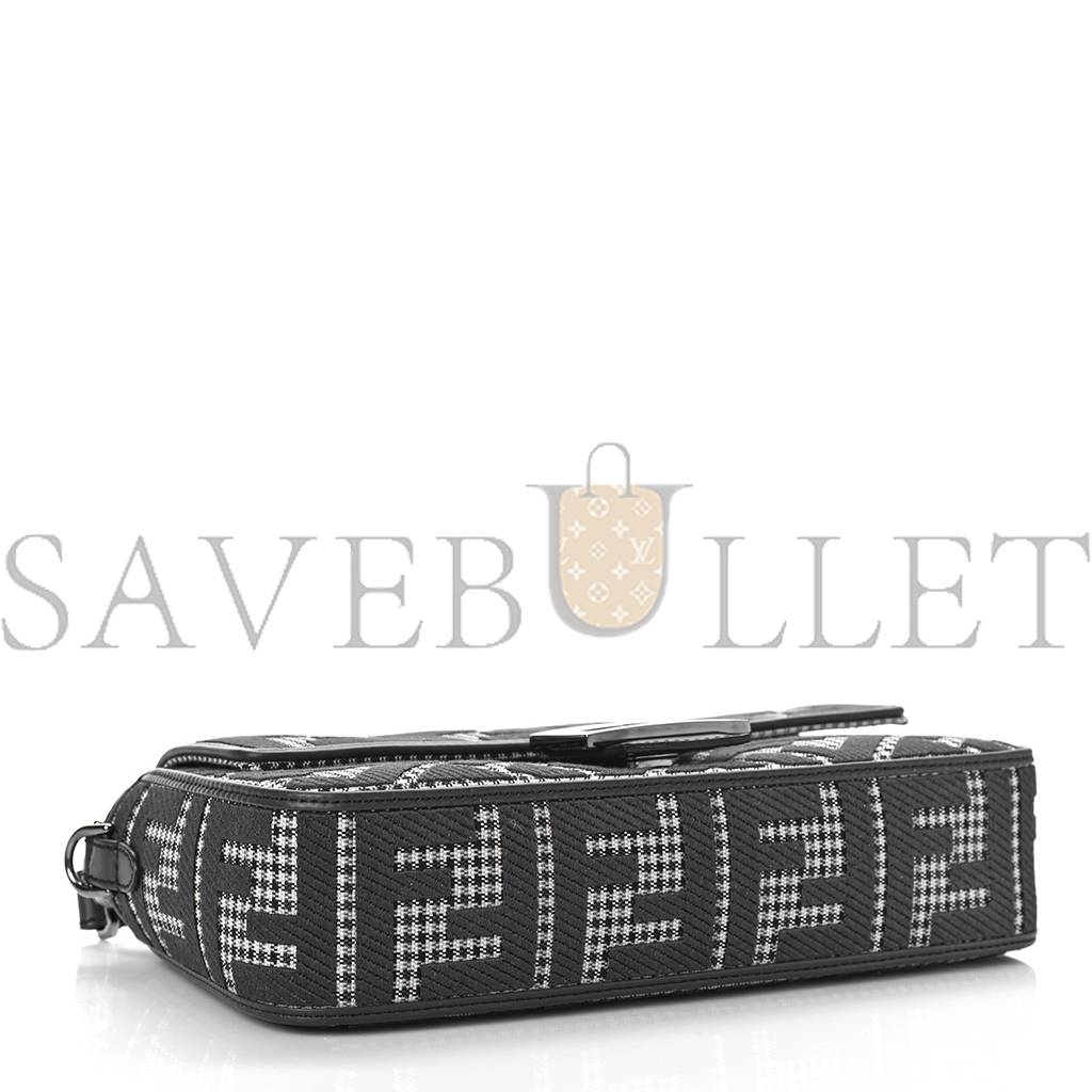 FENDI WOOL VITELLO KING HOUNDSTOOTH FF EMBROIDERED BAGUETTE GRIGIO ANTHRACITE (27*17*6cm)