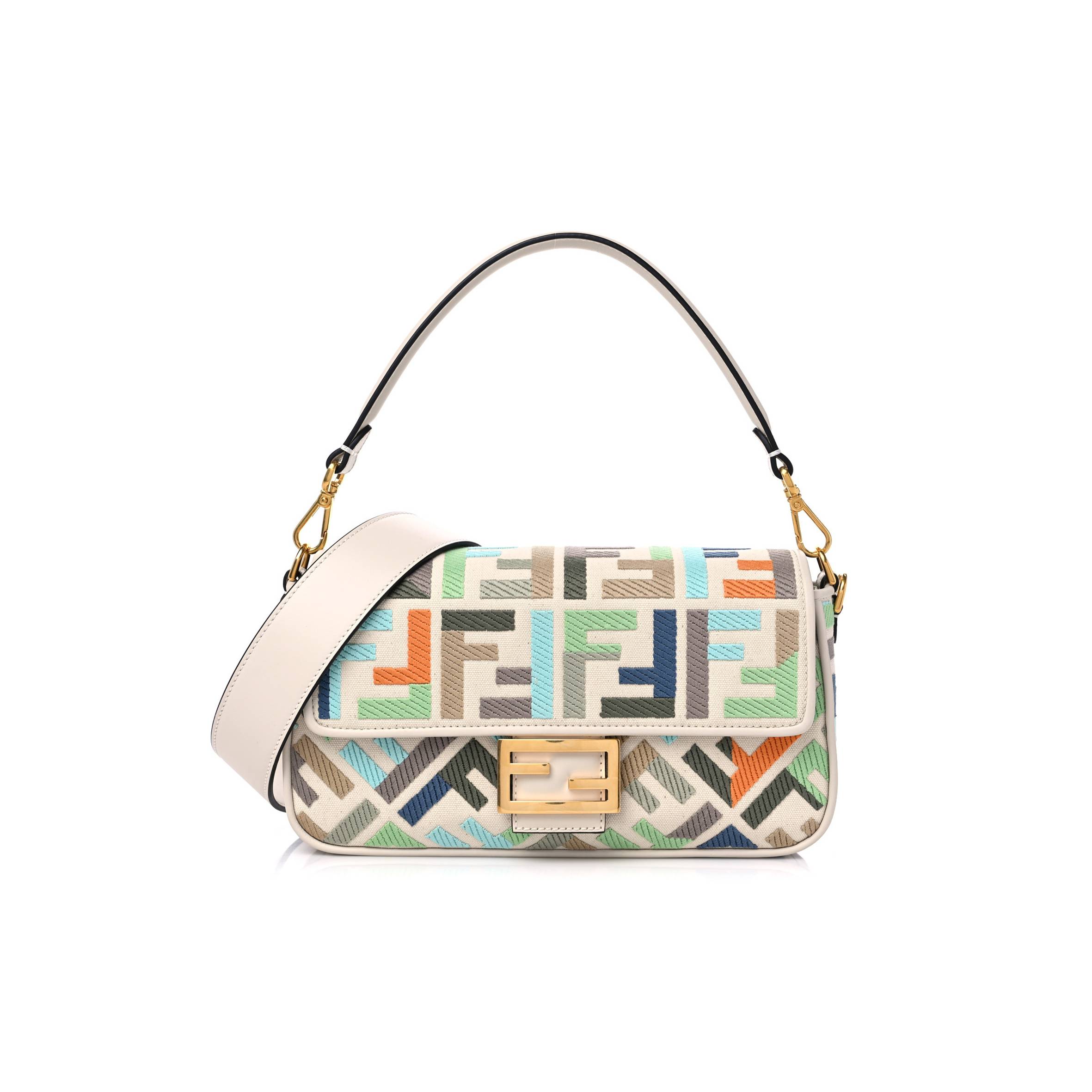 FENDI KUBAN CANVAS VITELLO KING FF EMBROIDERED BAGUETTE LATTE MULTICOLOR (27*13*6cm)